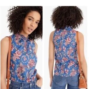 J. Crew X Liberty Fabric Blue Flora Belle Sleeveless High Ruffle Neck Top size 0